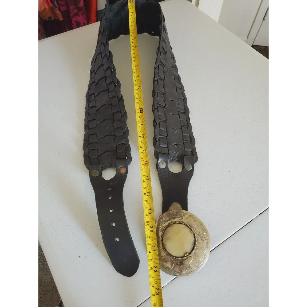 Vintage Boho‎ Black Woven Leather Wide Statement Belt Ornate Silver Stone Buckle